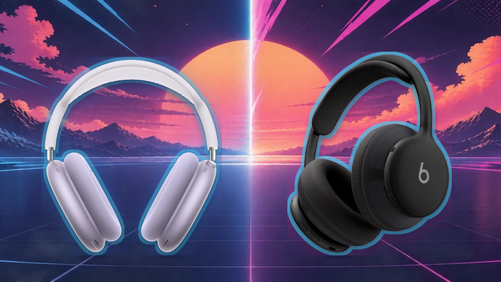 Official Apple AirPods Max 2 in Lavender and Beats 360 in Black, composited over Top2Compare synthwave artwork