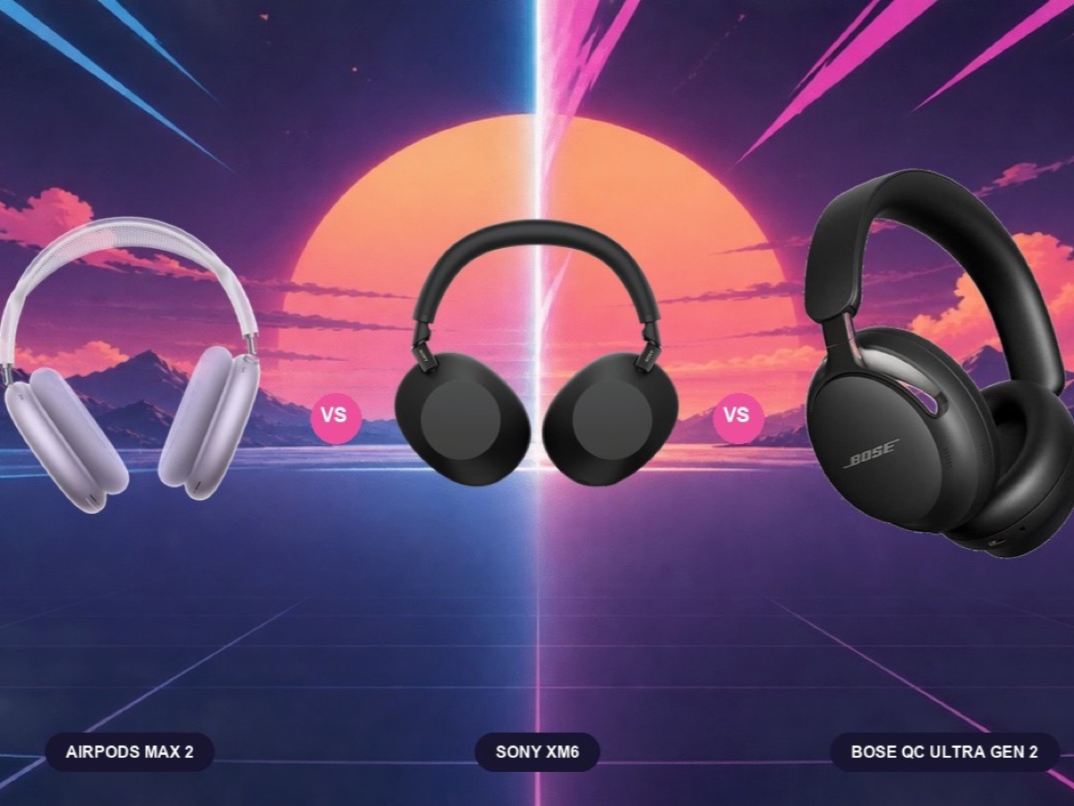 Editorial illustration comparing Apple AirPods Max 2, Sony WH-1000XM6, and Bose QuietComfort Ultra Headphones (2nd Gen)
