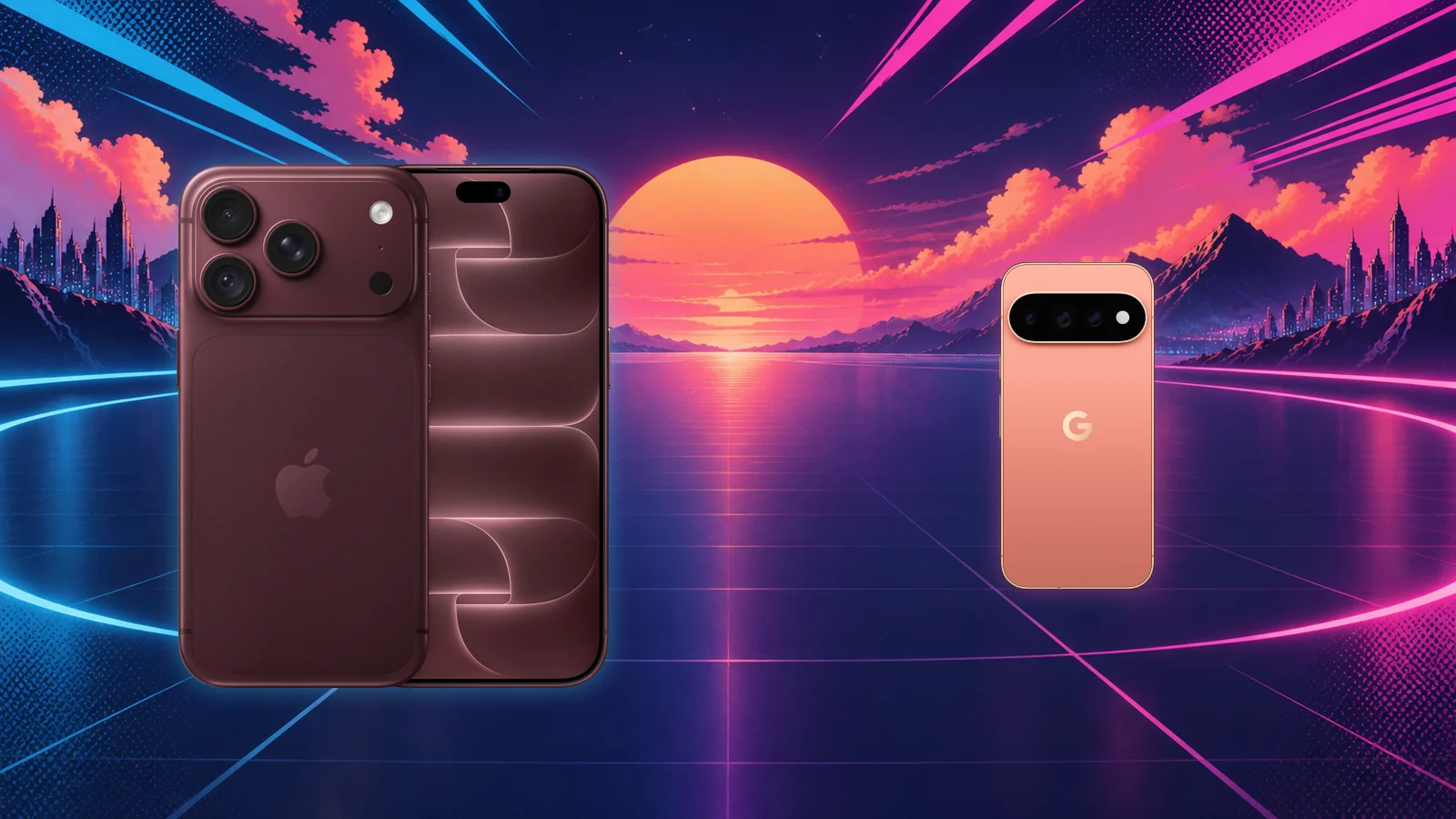 Official Apple iPhone 18 Pro in Burgundy and Google Pixel 11 Pro in Canyon, fused into a navy, magenta and cyan anime sunset scene