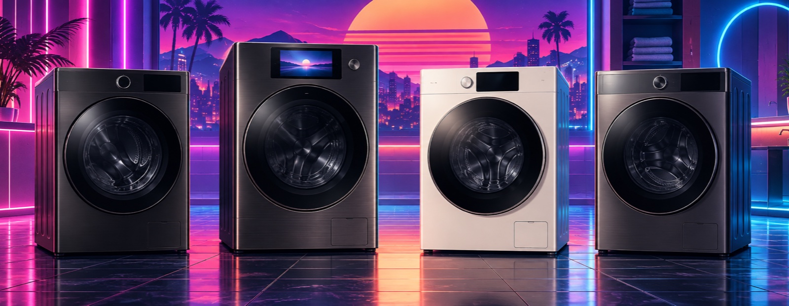 Editorial illustration comparing LG SIGNATURE WM9998HBA, LG WM6998, Samsung Bespoke WD53, and GE Profile PFQ97HSPVDS washer dryer combos