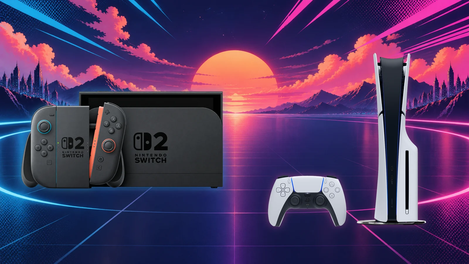 Official Nintendo Switch 2 dock and Joy-Con 2 group beside a PlayStation 5 slim disc console with DualSense, fused into an anime synthwave sunset