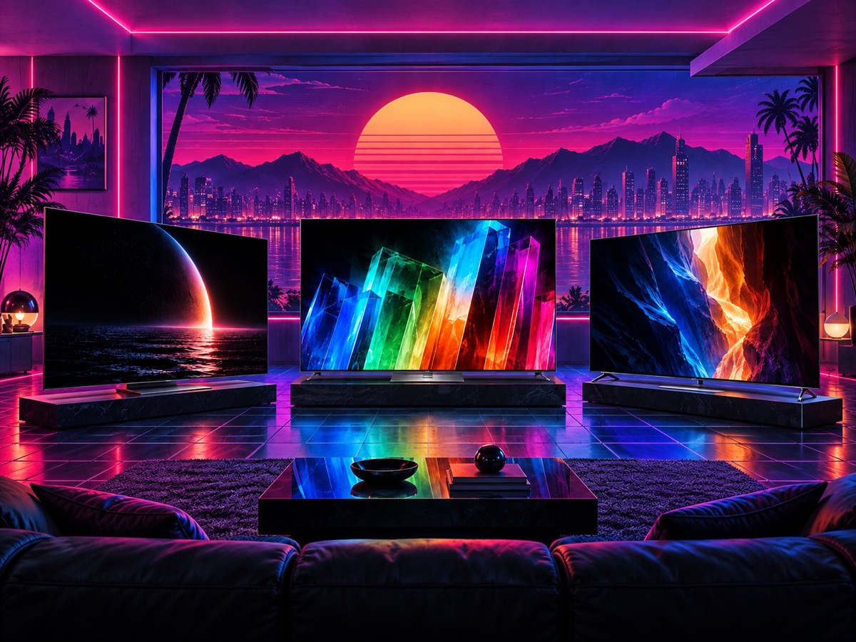 Editorial illustration comparing 2026 LG OLED evo G6, Samsung Micro RGB R95H, and Sony BRAVIA 9 II True RGB televisions